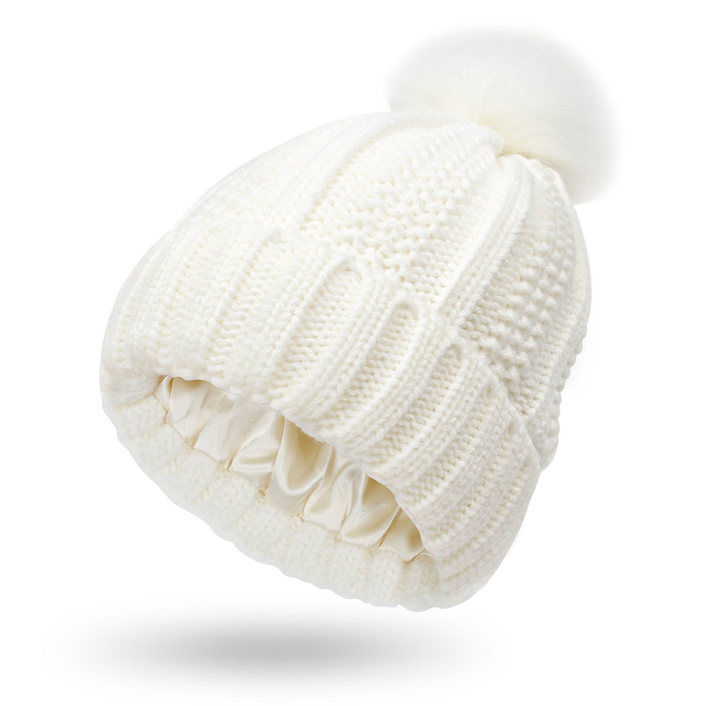 Luxury Satin-Lined Winter Beanie with Faux Fur Pom