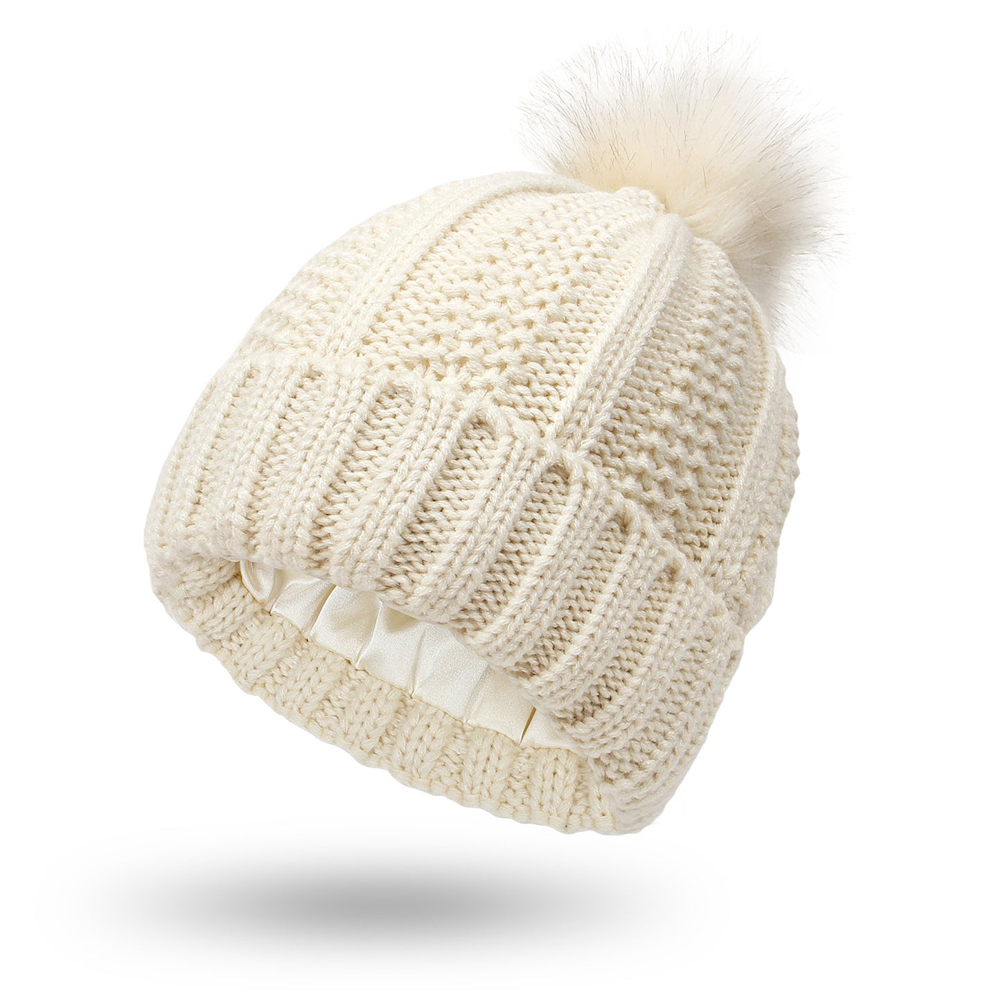 Luxury Satin-Lined Winter Beanie with Faux Fur Pom