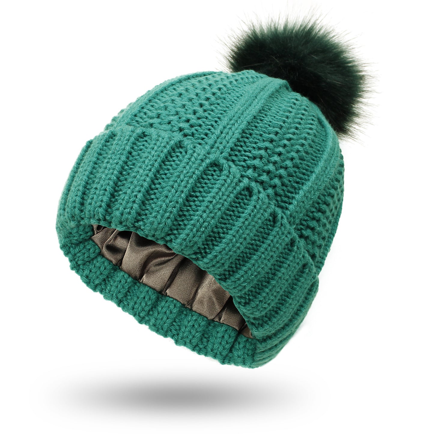 Luxury Satin-Lined Winter Beanie with Faux Fur Pom