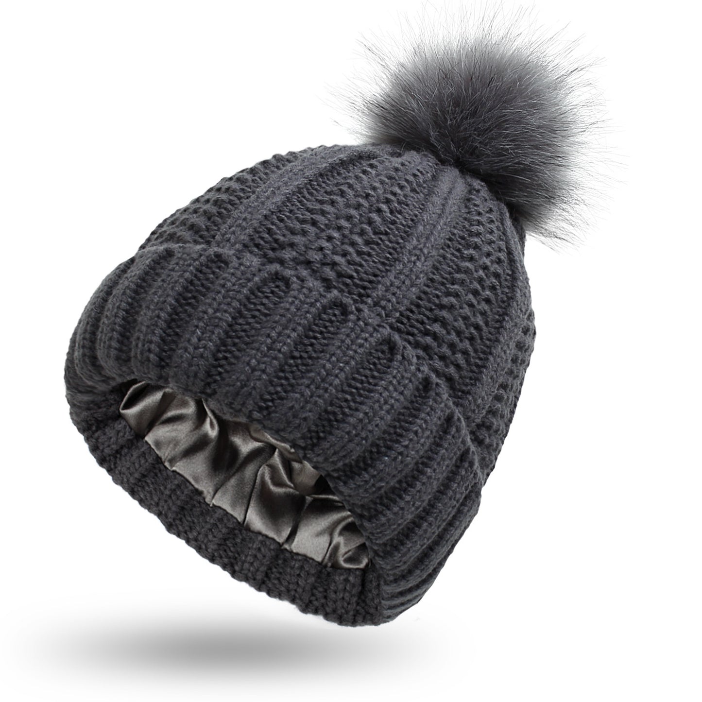 Luxury Satin-Lined Winter Beanie with Faux Fur Pom