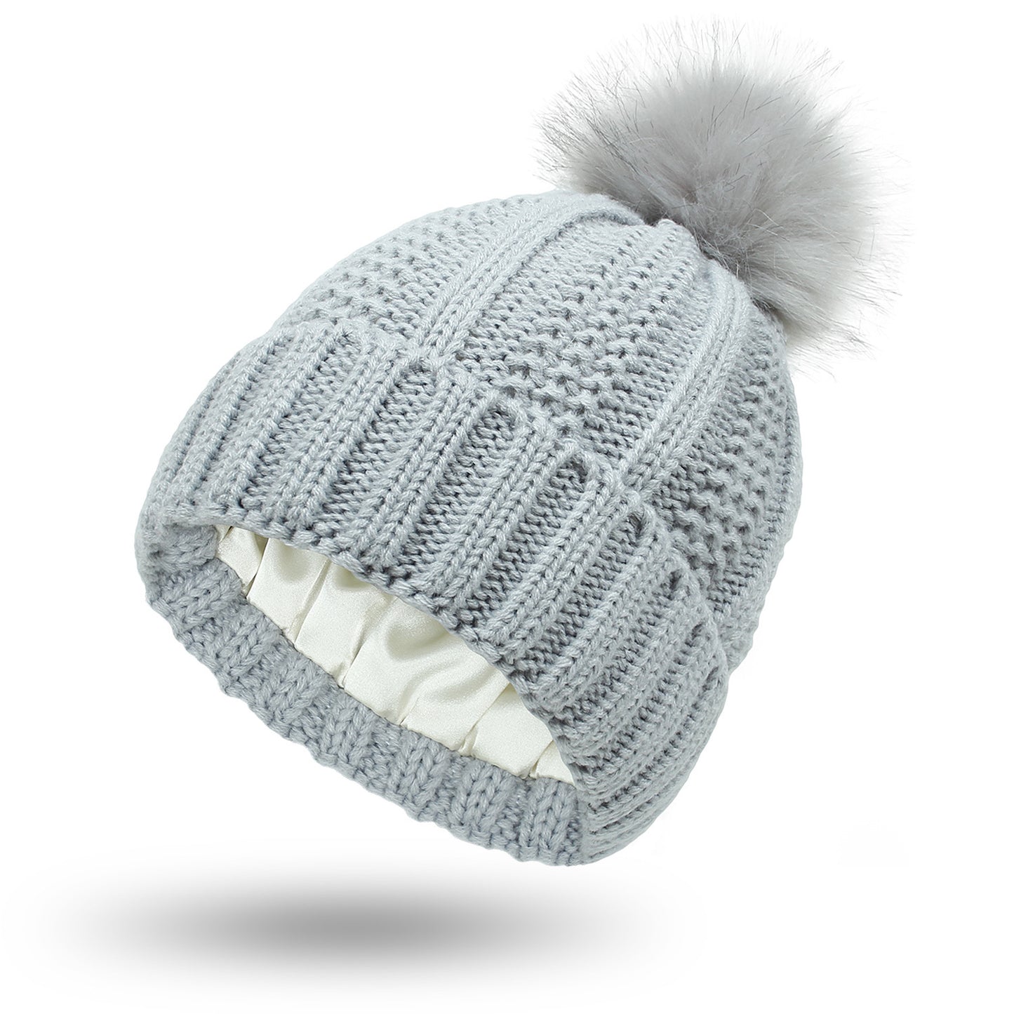 Luxury Satin-Lined Winter Beanie with Faux Fur Pom