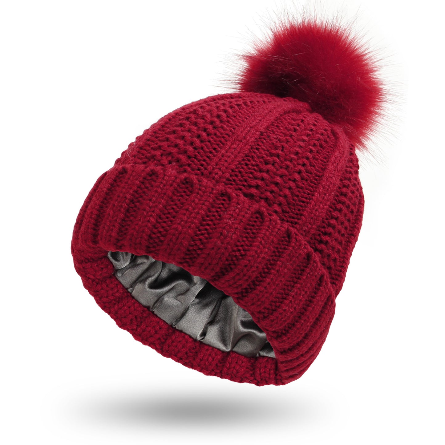 Luxury Satin-Lined Winter Beanie with Faux Fur Pom