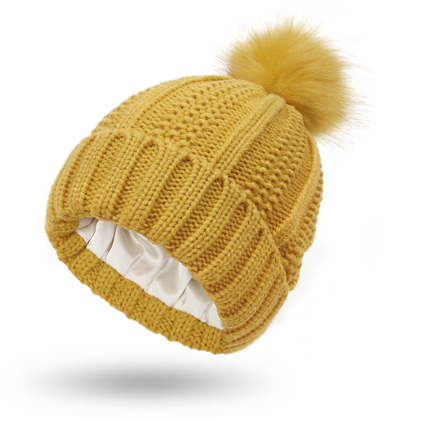 Luxury Satin-Lined Winter Beanie with Faux Fur Pom