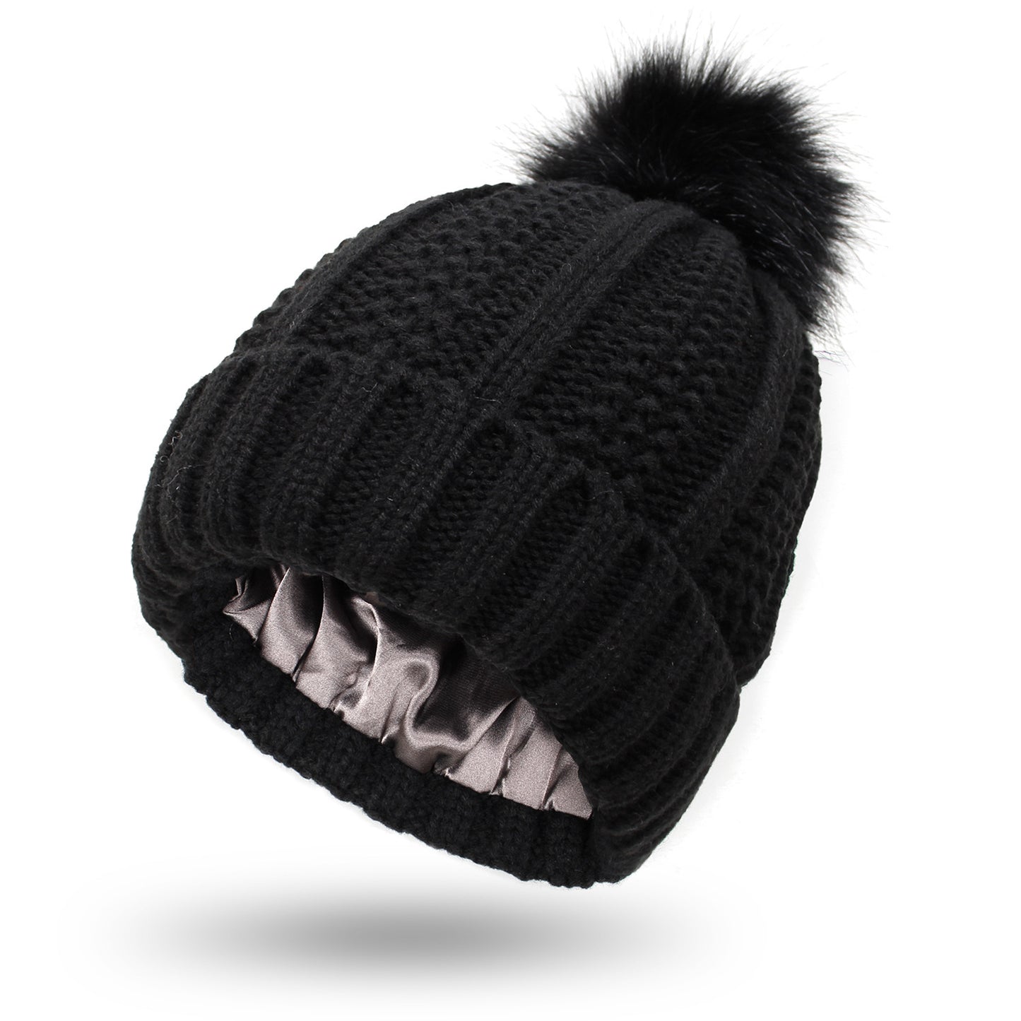 Luxury Satin-Lined Winter Beanie with Faux Fur Pom