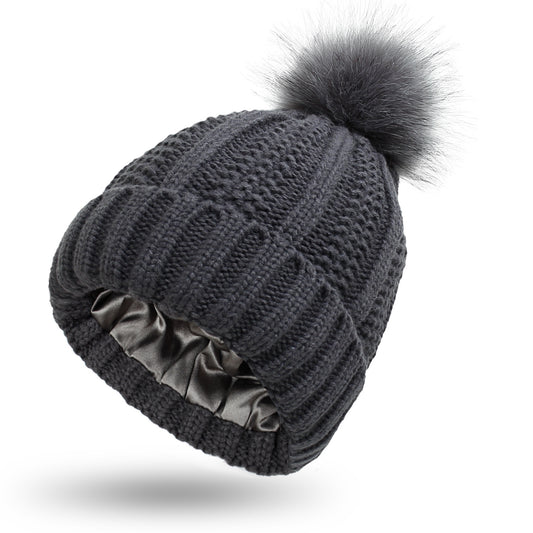 Luxury Satin-Lined Winter Beanie with Faux Fur Pom