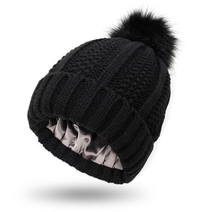 Luxury Satin-Lined Winter Beanie with Faux Fur Pom